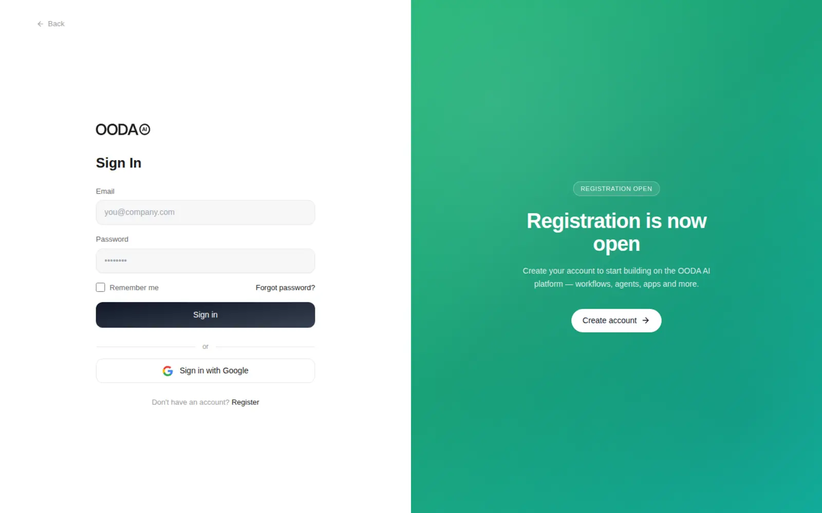 platform.ooda.ai sign-in, with registration open